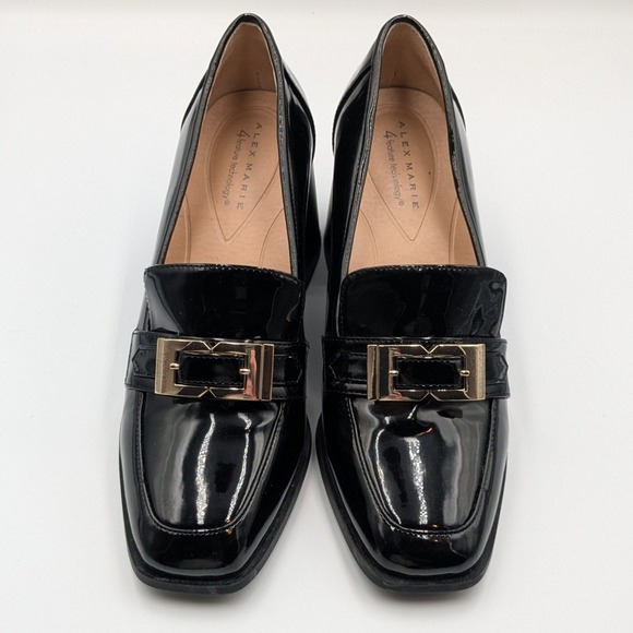 Alex Marie Platform Loafer Heels Women's 9.5 Gold Buckle Black Patent Leather - Picture 1 of 8